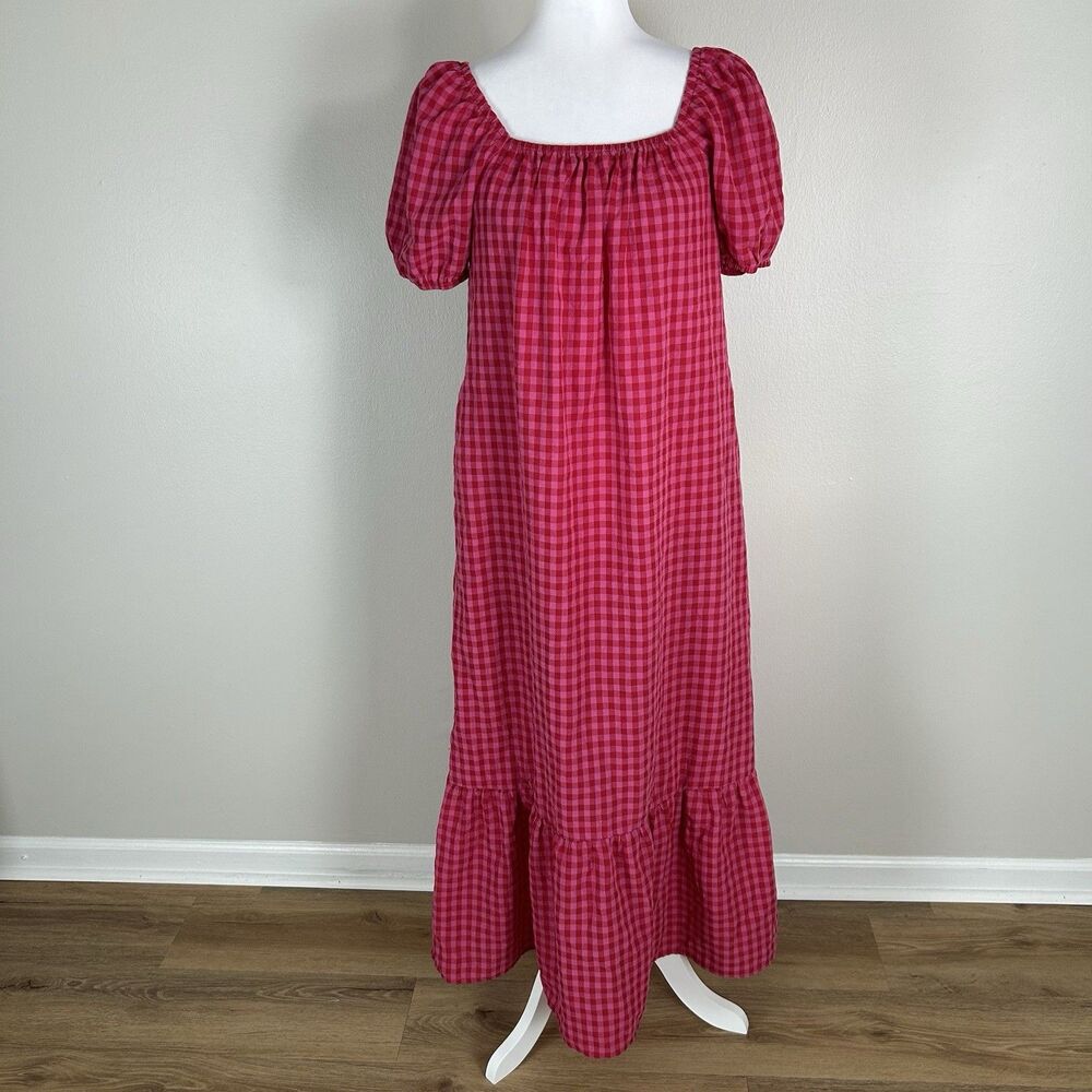 Gingham Plaid M Peasant Shift Dress Maxi Long Pink Checkered Ruffle Square Neck